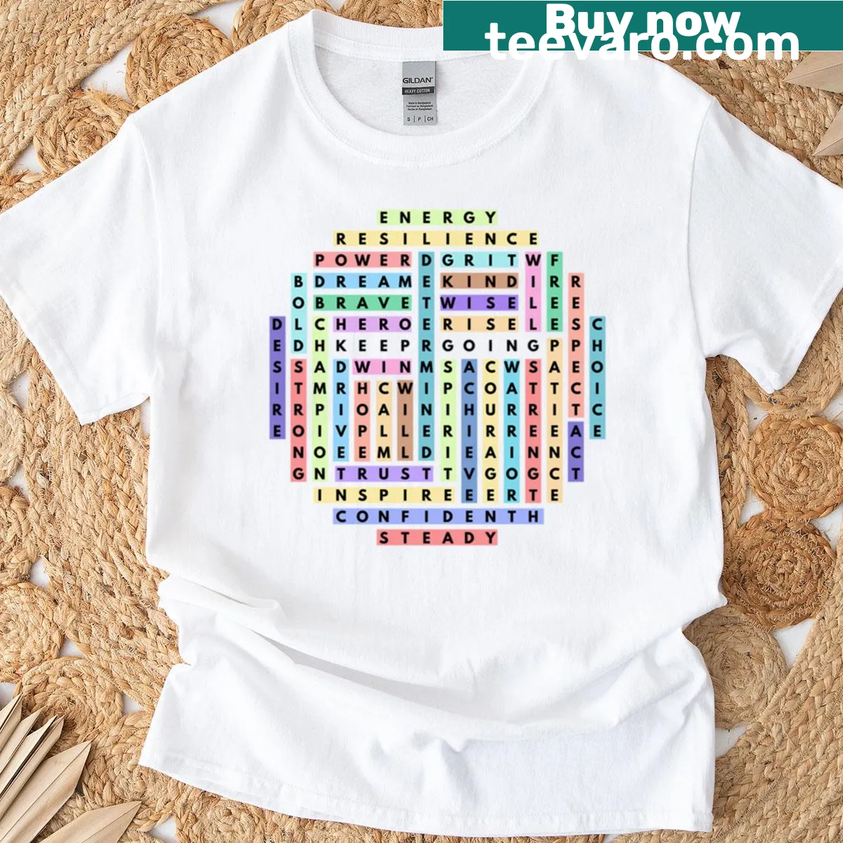 Word search design T-shirt with motivational text about finding strength — on a men's t-shirt