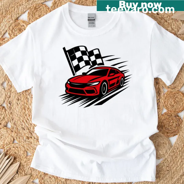 Artistic racing finish line graphic on a T-shirt