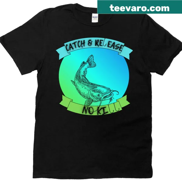 Whimsical fishing t-shirt with a fish leaping from water and text