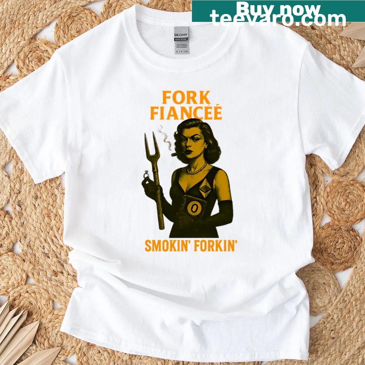 Edgy Fork Fiance t-shirt with cryptocurrency humor graphic — on a men's t-shirt