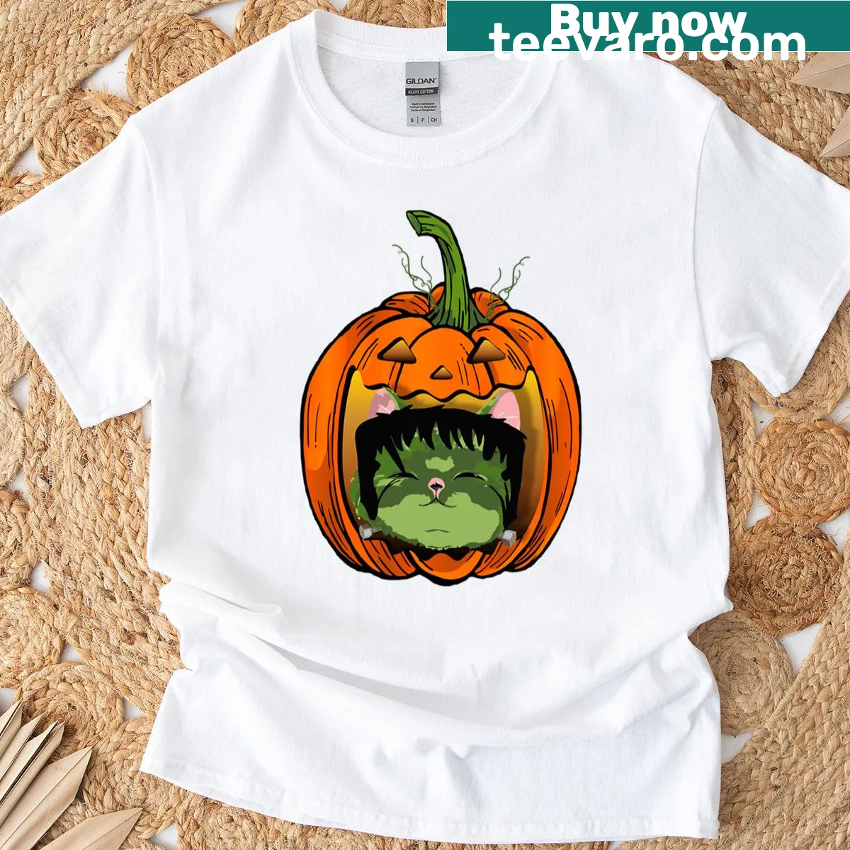 Illustration of Franken-cat Jack character on a t-shirt. — on a men's t-shirt