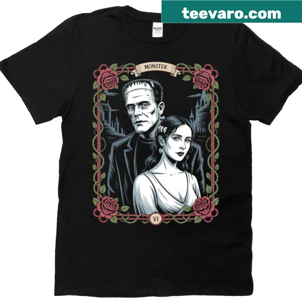Vintage horror T-shirt featuring Frankenstein monster and bride tarot card