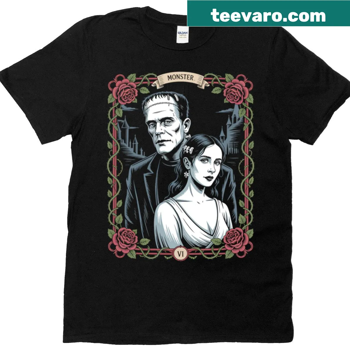 Vintage horror T-shirt featuring Frankenstein monster and bride tarot card — on a men's t-shirt