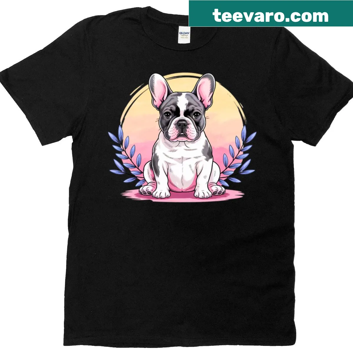 T-shirt featuring various poses of French Bulldogs in a fun design — on a men's t-shirt