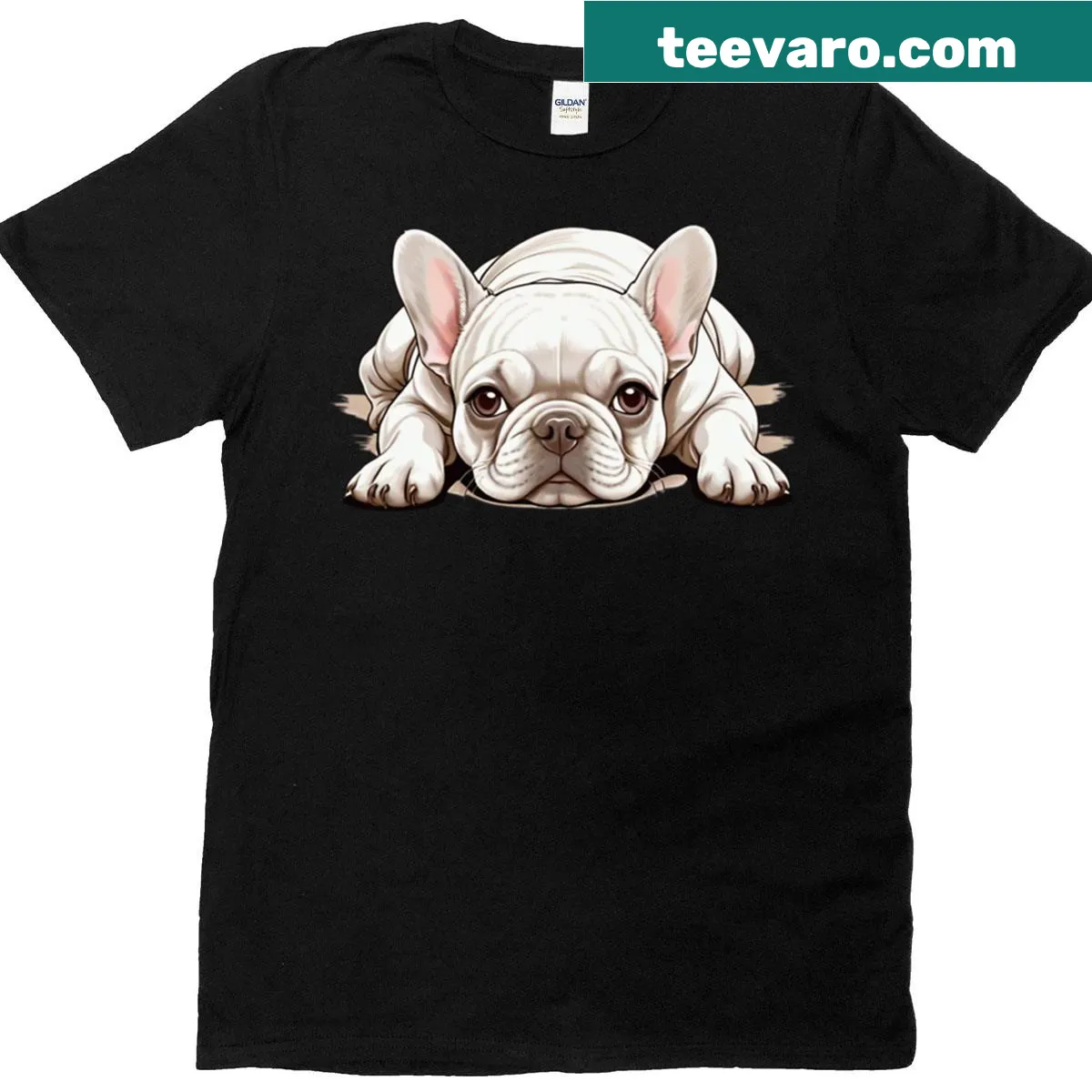 Adorable t-shirt showcasing a relaxed French Bulldog graphic — on a men's t-shirt