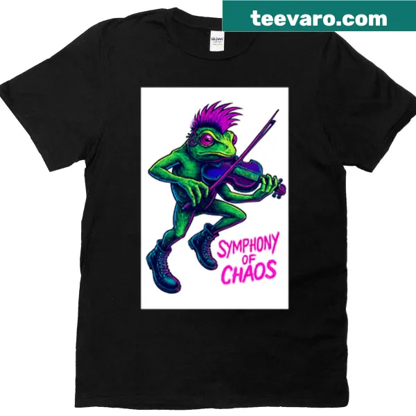 Punk frog playing a neon violin illustrated on a T-shirt