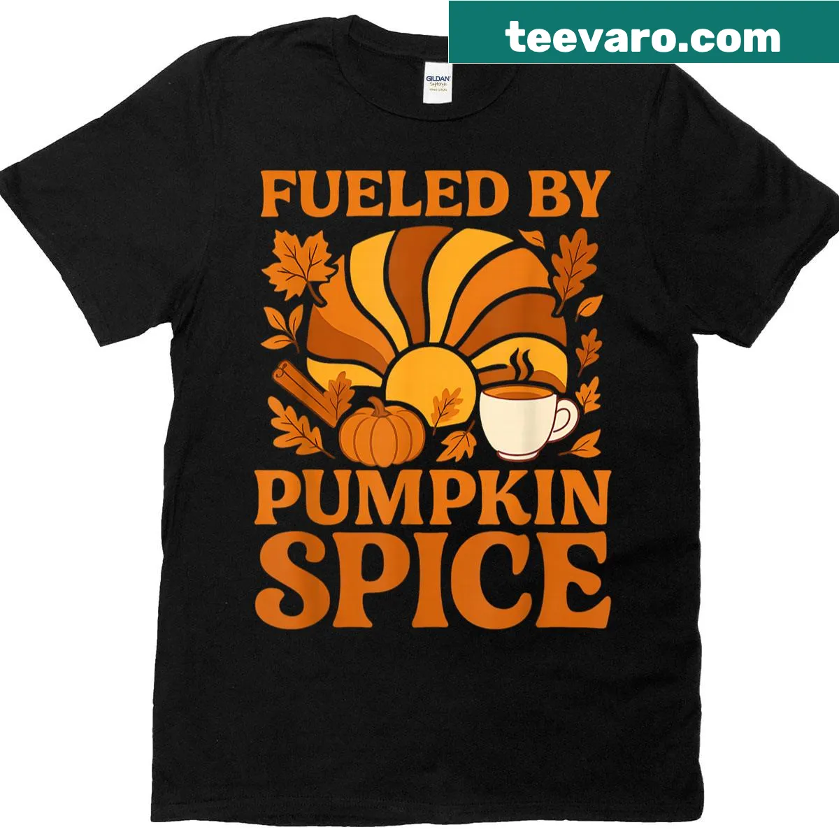 Slogan Fueled By Pumpkin Spice Autumn Coffee T-shirt — on a men's t-shirt