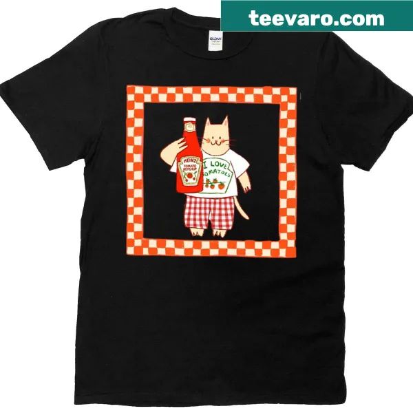 Humorous t-shirt featuring a cat and ketchup-themed design