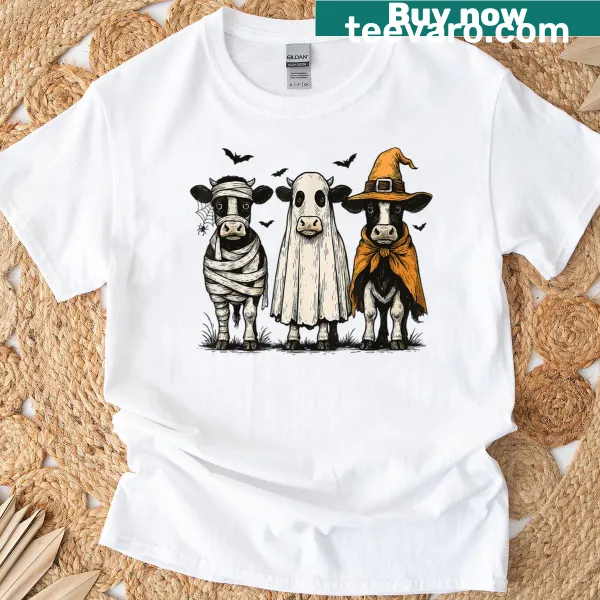 Whimsical ghost cow in a witch hat for Halloween.