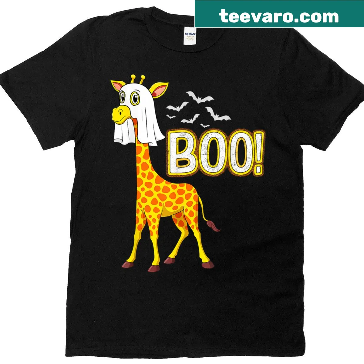 Halloween shirt featuring a giraffe in a costume with a fun boo graphic — on a men's t-shirt