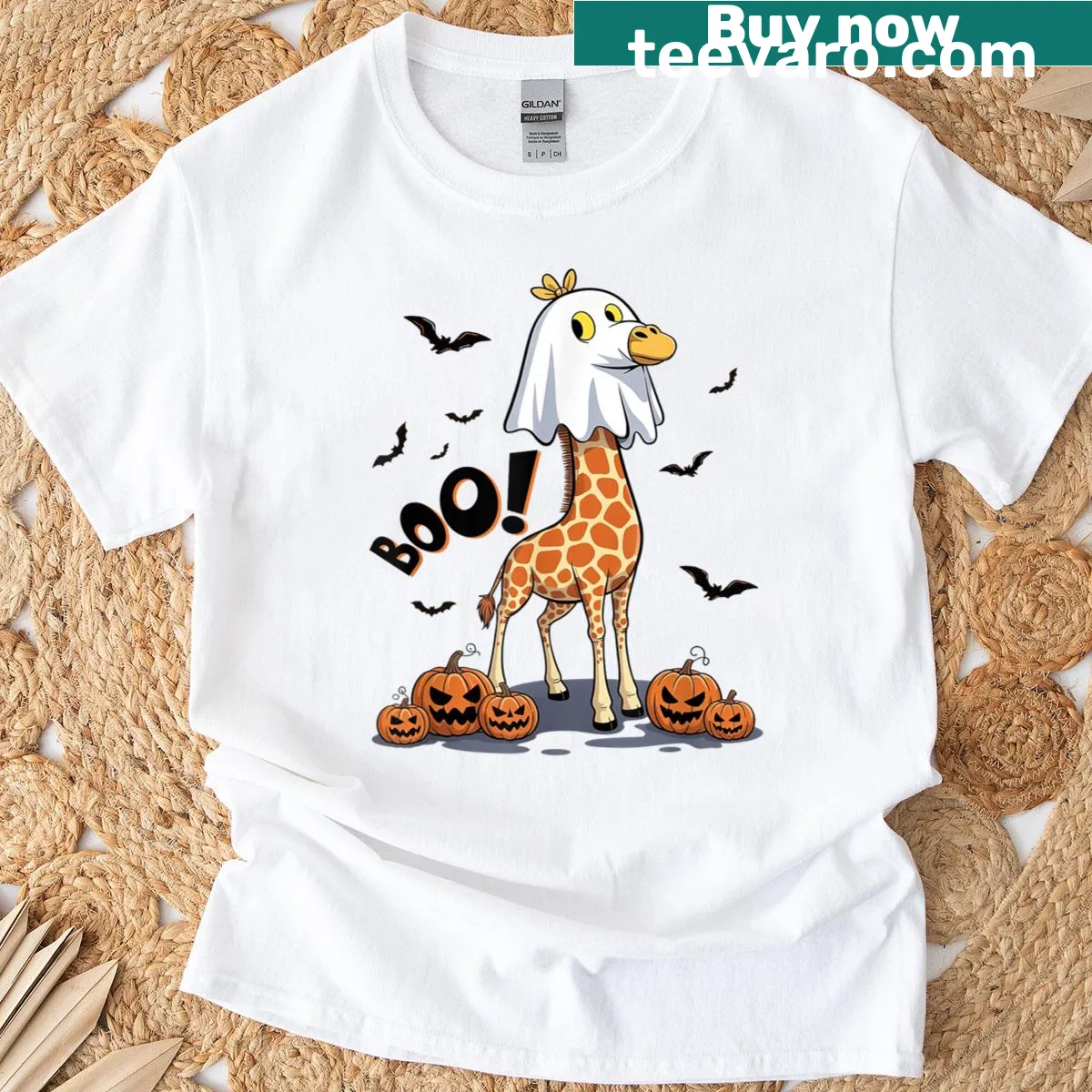 Giraffe in a ghost sheet saying 'Boo', Halloween-themed t-shirt — on a men's t-shirt