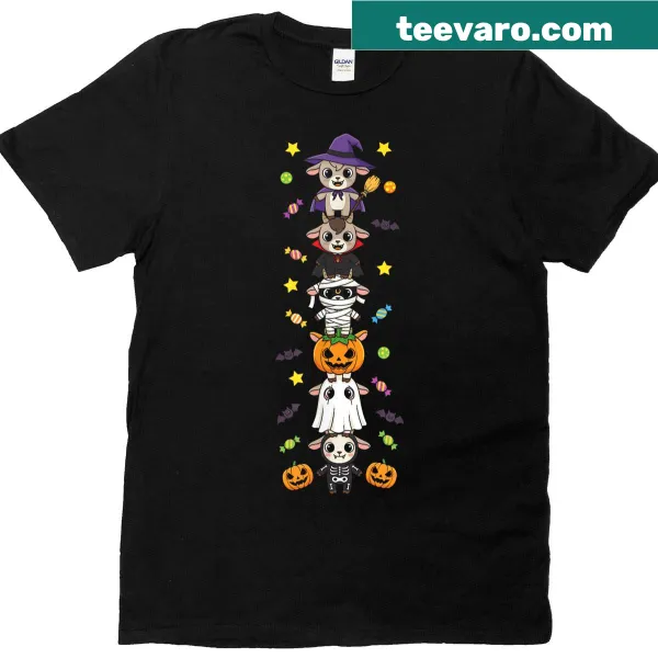Cartoon Halloween T-shirt with a goat, witch, vampire, and ghost