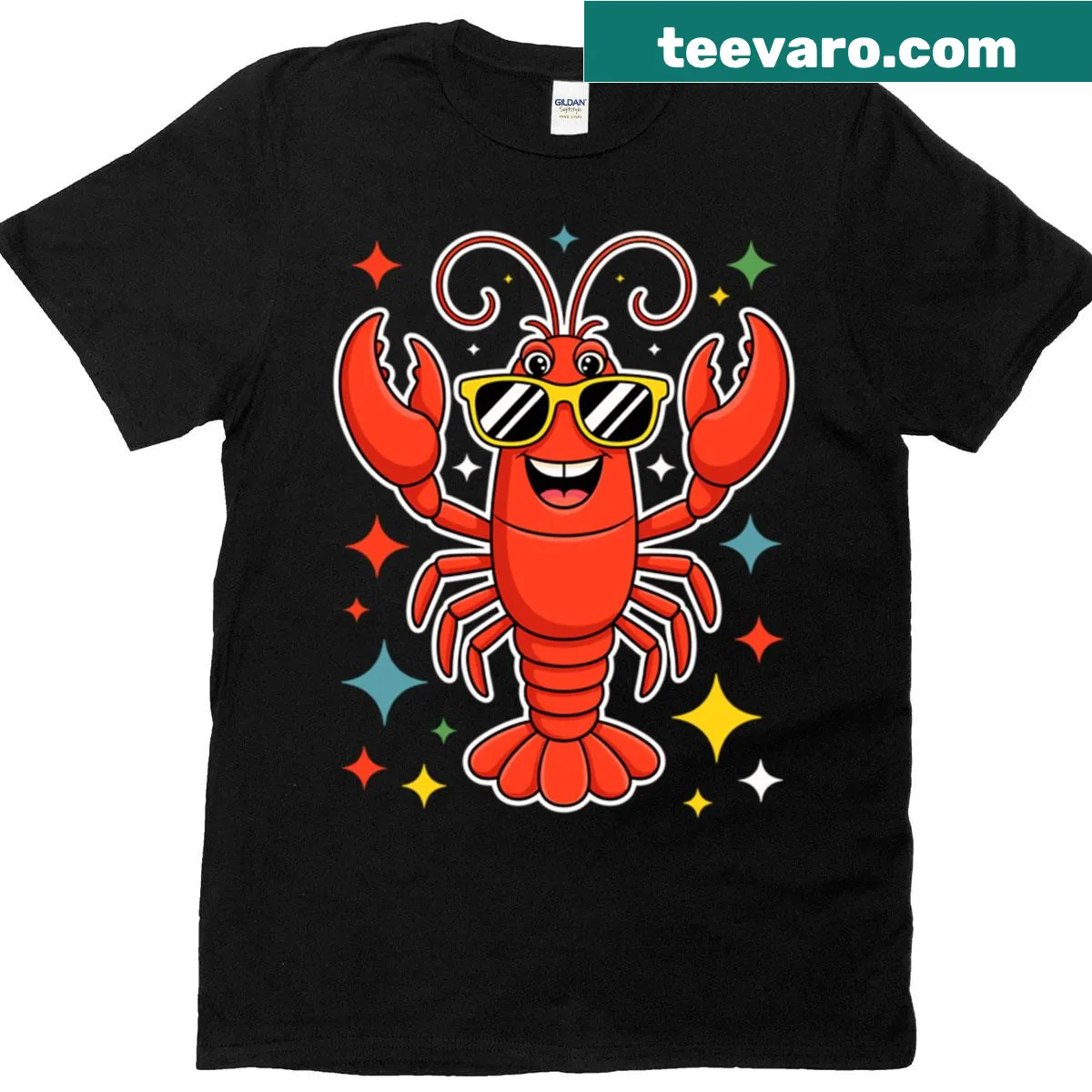Cartoon lobster wearing shades on a T-shirt — on a men's t-shirt