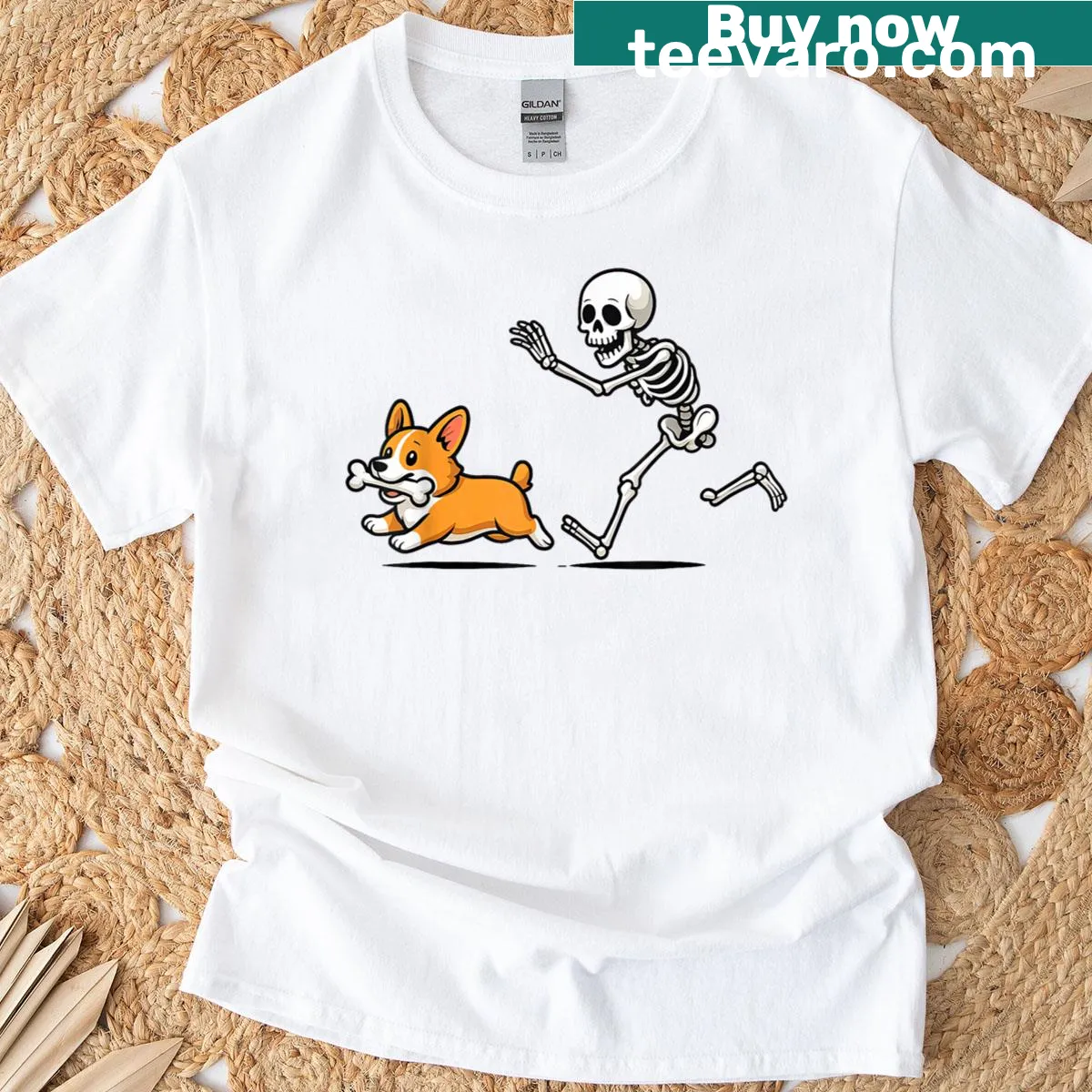 Skeleton chasing a corgi for Halloween — on a men's t-shirt