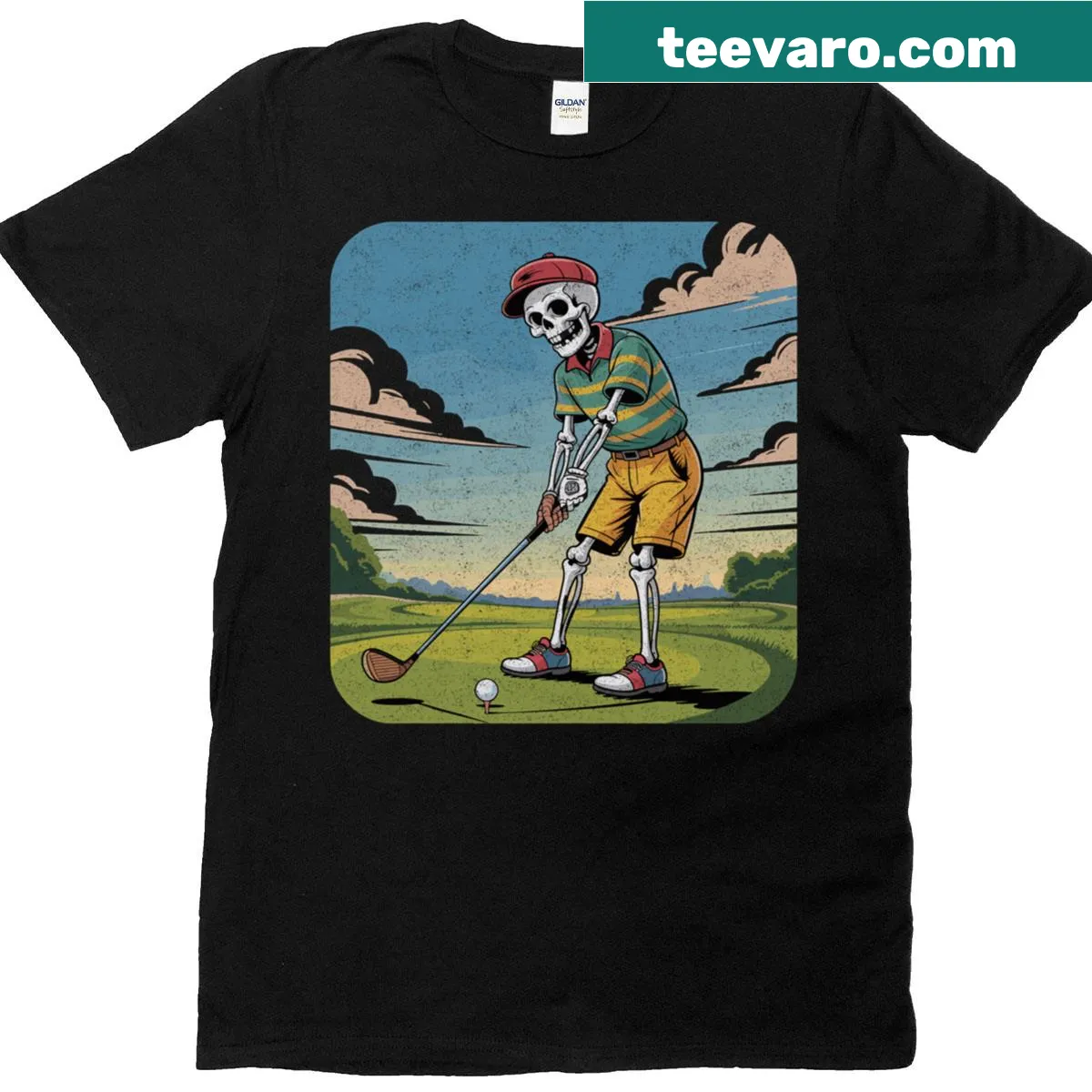 Funny t-shirt featuring a skeleton golfer design — on a men's t-shirt