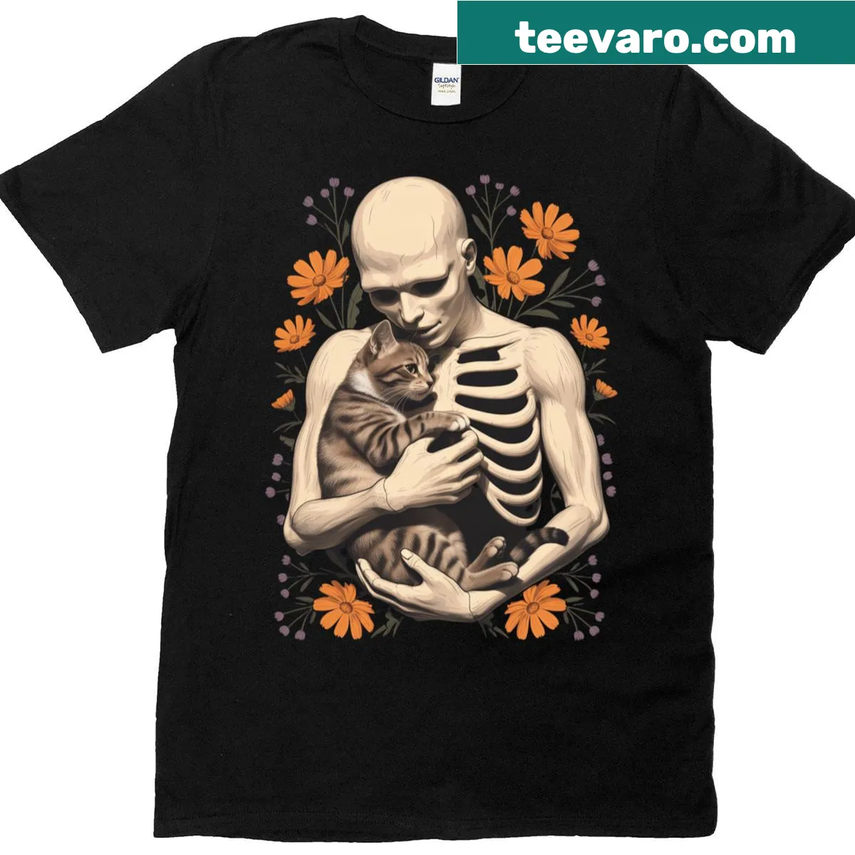 Shirt with a skeleton hugging a cat and floral designs for cat lovers. — on a men's t-shirt