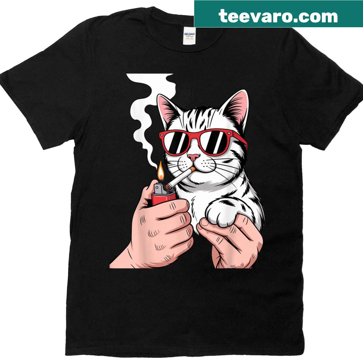 Funny cartoon cat holding a cigarette on T-shirt — on a men's t-shirt