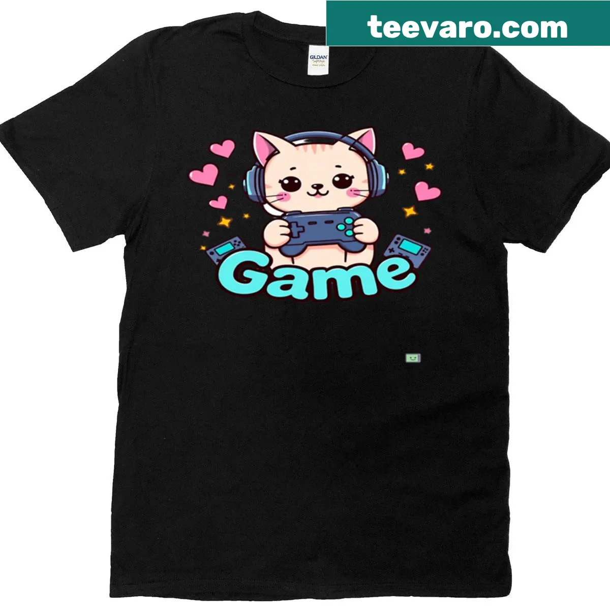 Kawaii shirt design featuring a cat and gaming controllers for gamers. — on a men's t-shirt