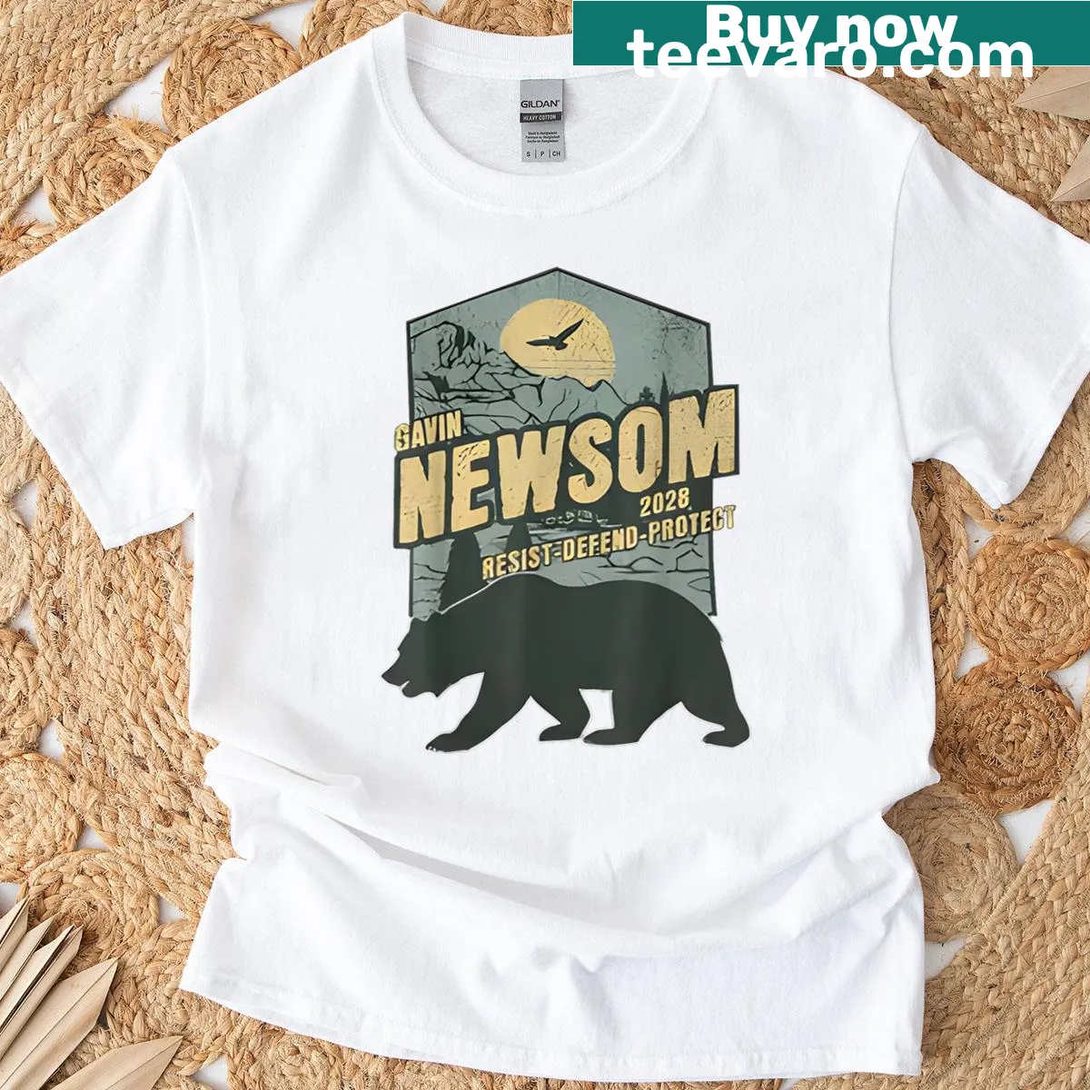 Political campaign T-shirt with bear illustration and message — on a men's t-shirt