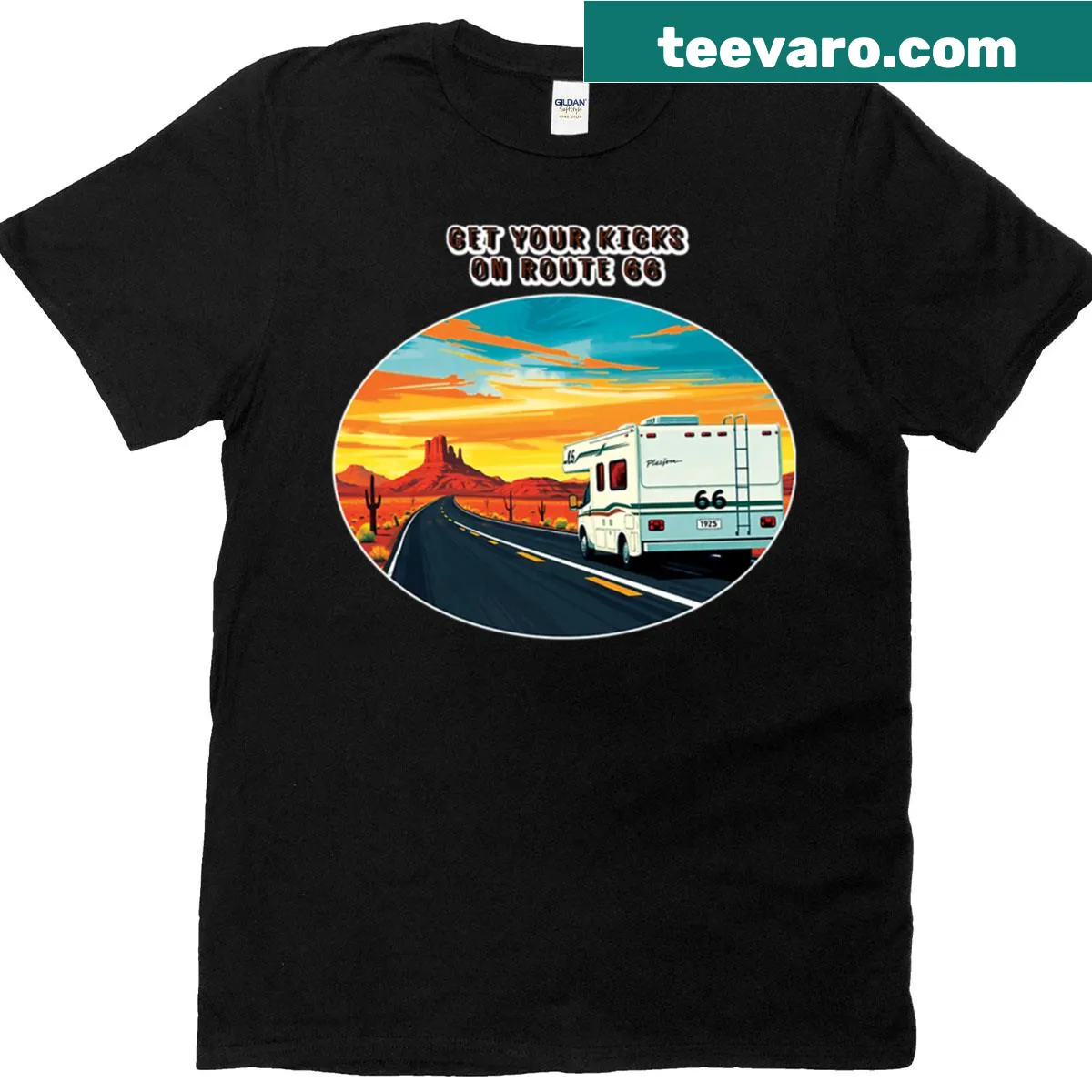 Road trip themed t-shirt with 'Get Your Kicks On Route 66' text — on a men's t-shirt
