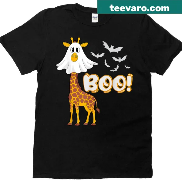 Cute giraffe in a Halloween costume with 'Boo!' text