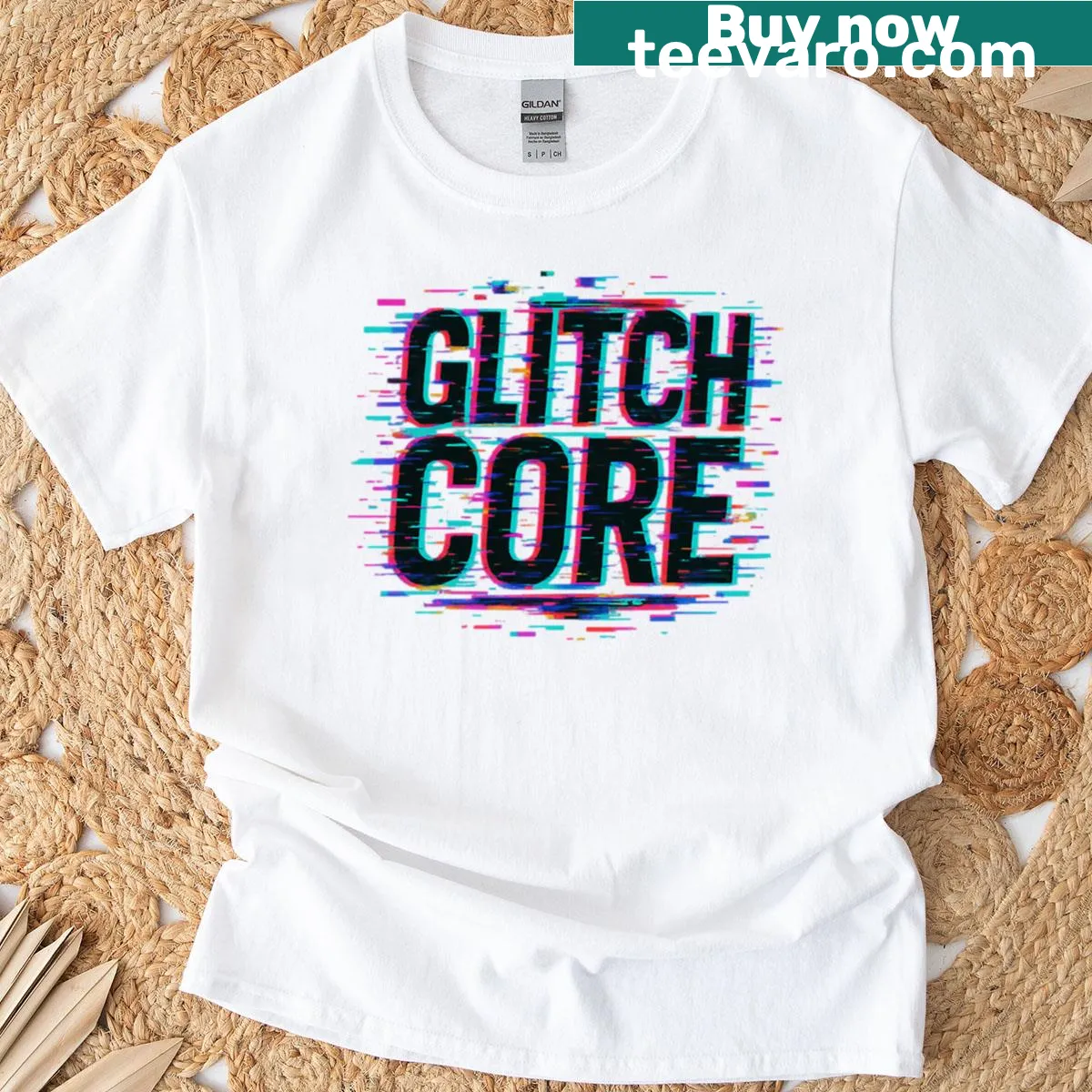 Neon glitch typography T-shirt with digital distortion design — on a men's t-shirt