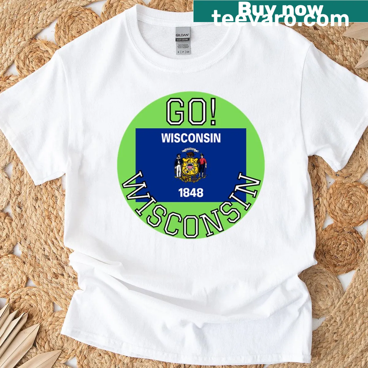 Wisconsin pride t-shirt with bold 'Go Wisconsin' typography — on a men's t-shirt
