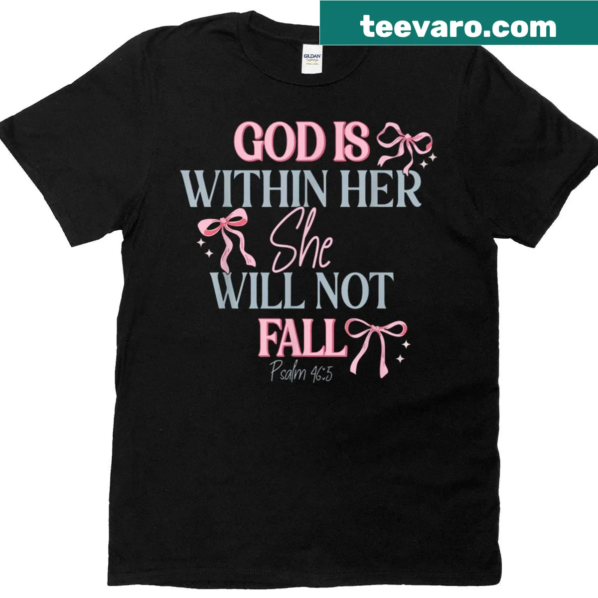 Inspirational t-shirt with text about faith and feminine bow design — on a men's t-shirt