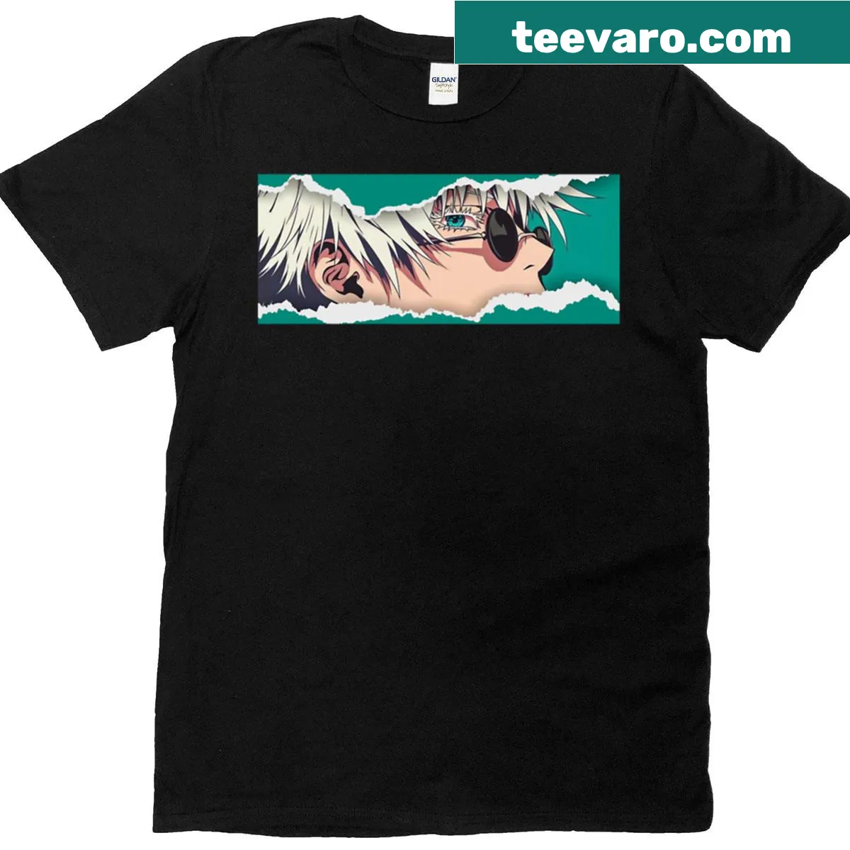 Illustrated Gojo character graphic on T-shirt — on a men's t-shirt