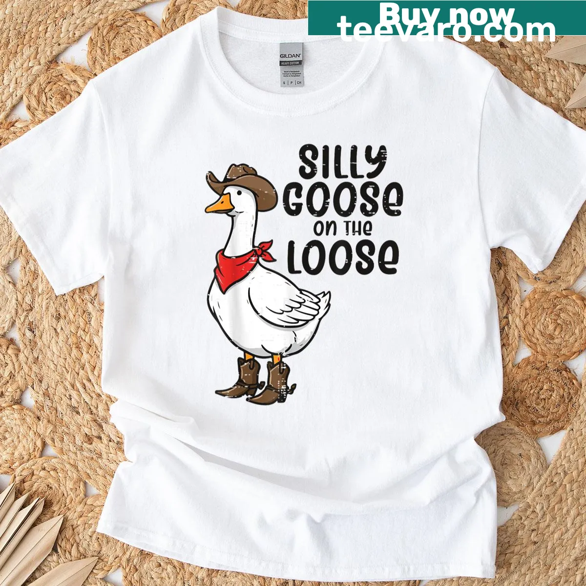 Cartoon goose in cowboy attire on a fun t-shirt for all ages — on a men's t-shirt