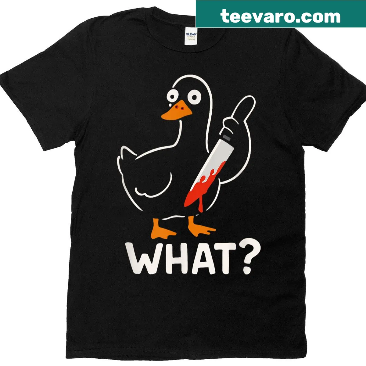Dark humor T-shirt featuring a goose with a knife design — on a men's t-shirt