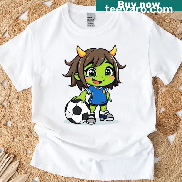 Cartoon green soccer monster graphic on t-shirt