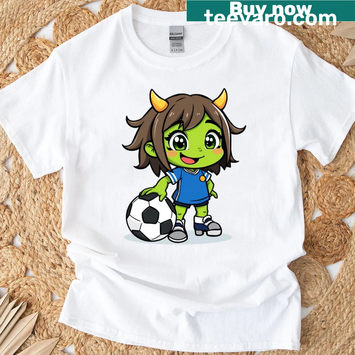 Cartoon green soccer monster graphic on t-shirt — on a men's t-shirt