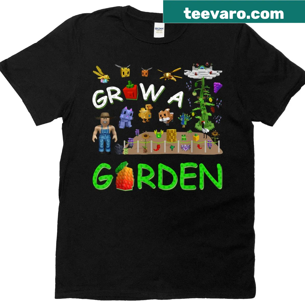 Whimsical garden-themed t-shirt design for kids — on a men's t-shirt