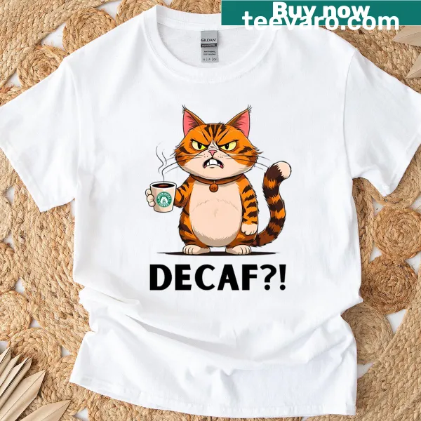 Comic-style tee featuring a grumpy cat with a coffee cup