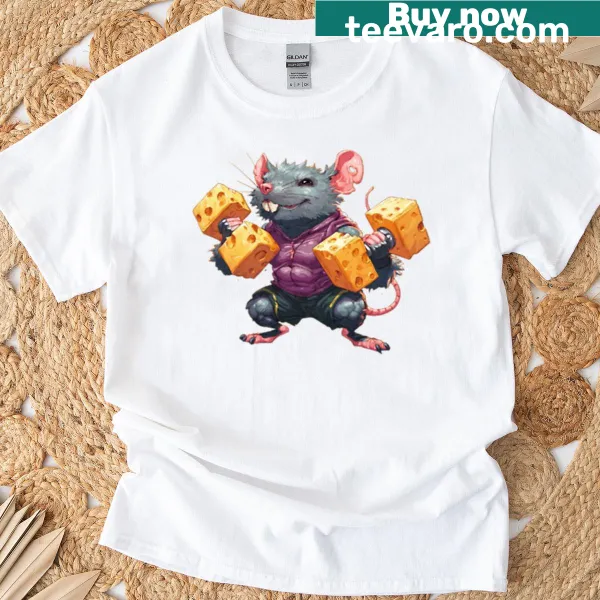 Cartoon gym rat design on a humorous fitness t-shirt
