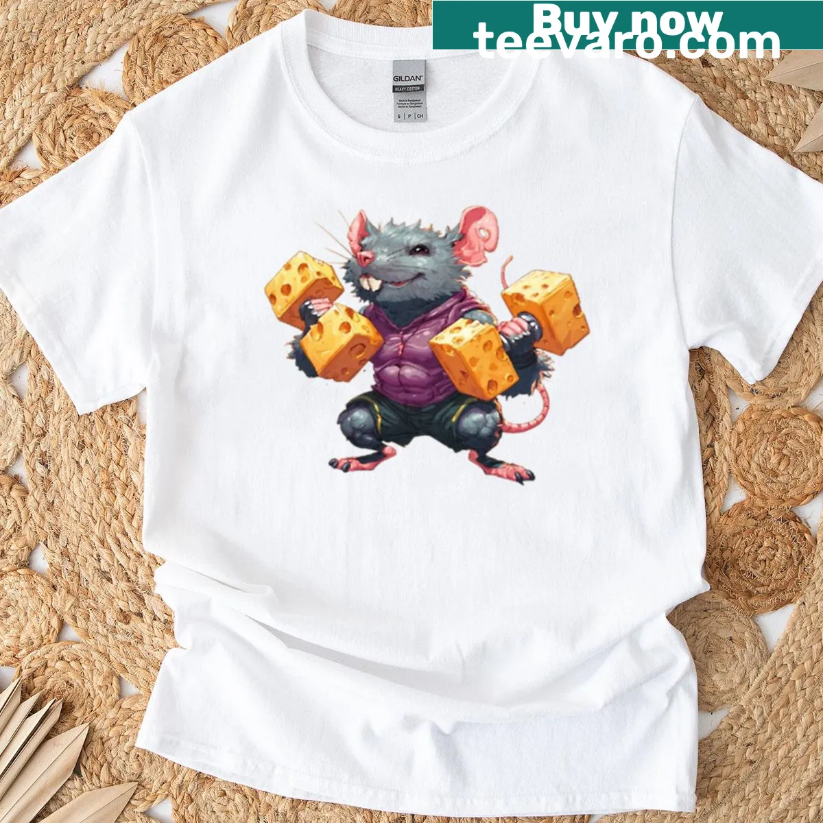 Cartoon gym rat design on a humorous fitness t-shirt — on a men's t-shirt