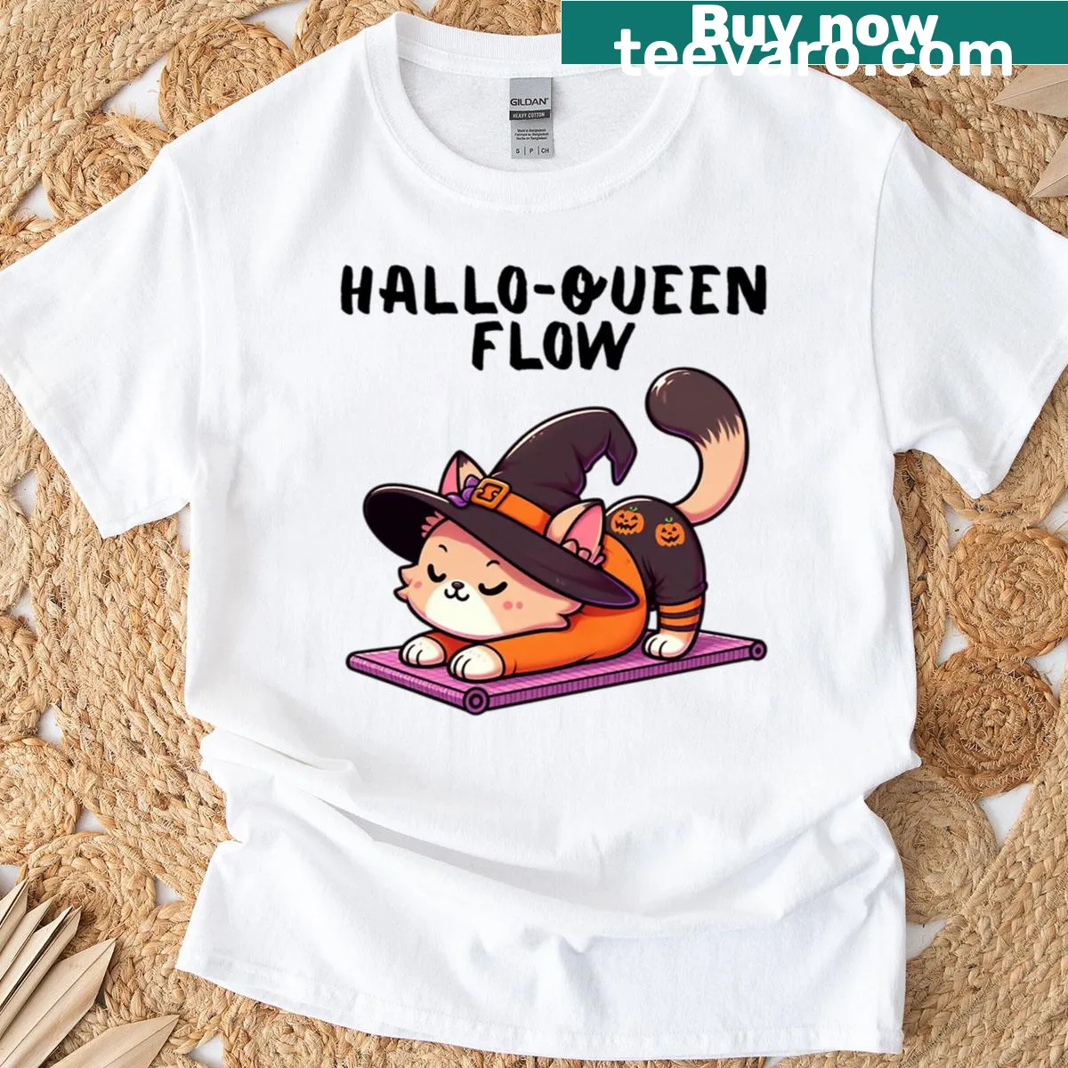 Cute cat in yoga pose with Halloween elements t-shirt — on a men's t-shirt