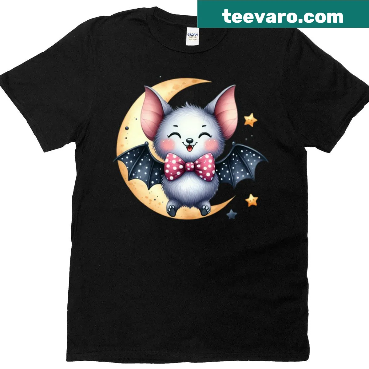 Whimsical Halloween design with a bat, moon, and stars on a T-shirt — on a men's t-shirt