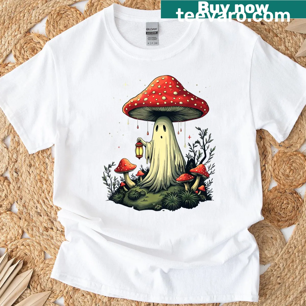 Cottagecore Halloween shirt with ghost and mushroom lantern illustration — on a men's t-shirt