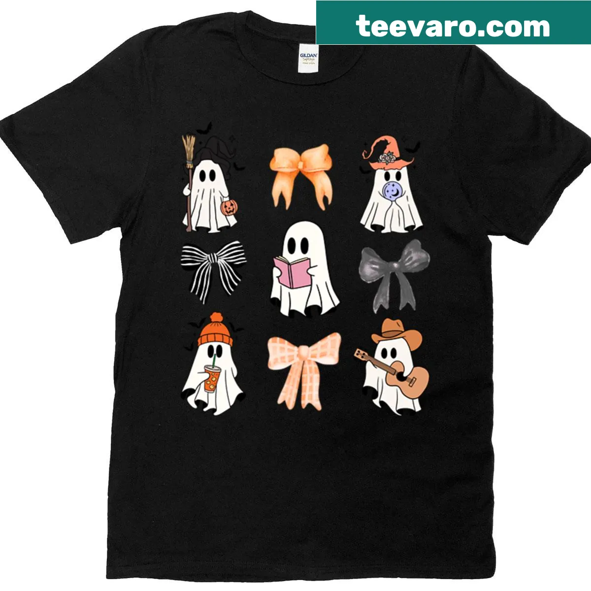 Cute Halloween t-shirt featuring playful ghosts and bows — on a men's t-shirt