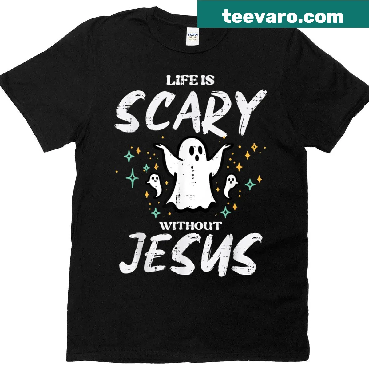 Illustrated Christian Halloween shirt with a humorous message about faith. — on a men's t-shirt
