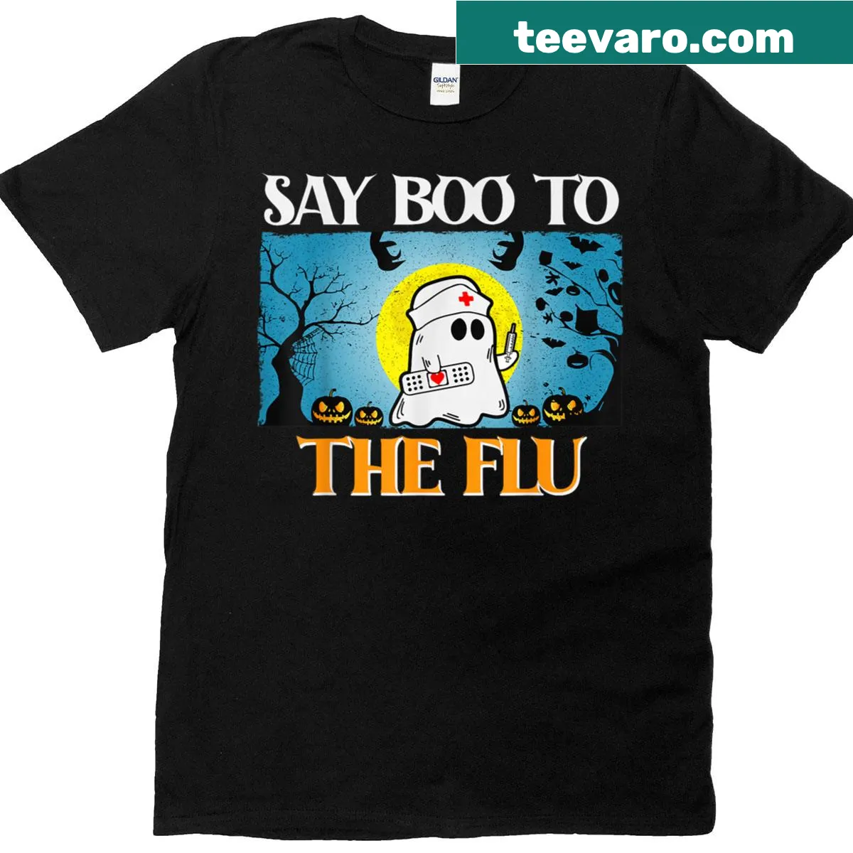 Funny Halloween Nurse t-shirt with 'Say Boo To The Flu' text — on a men's t-shirt