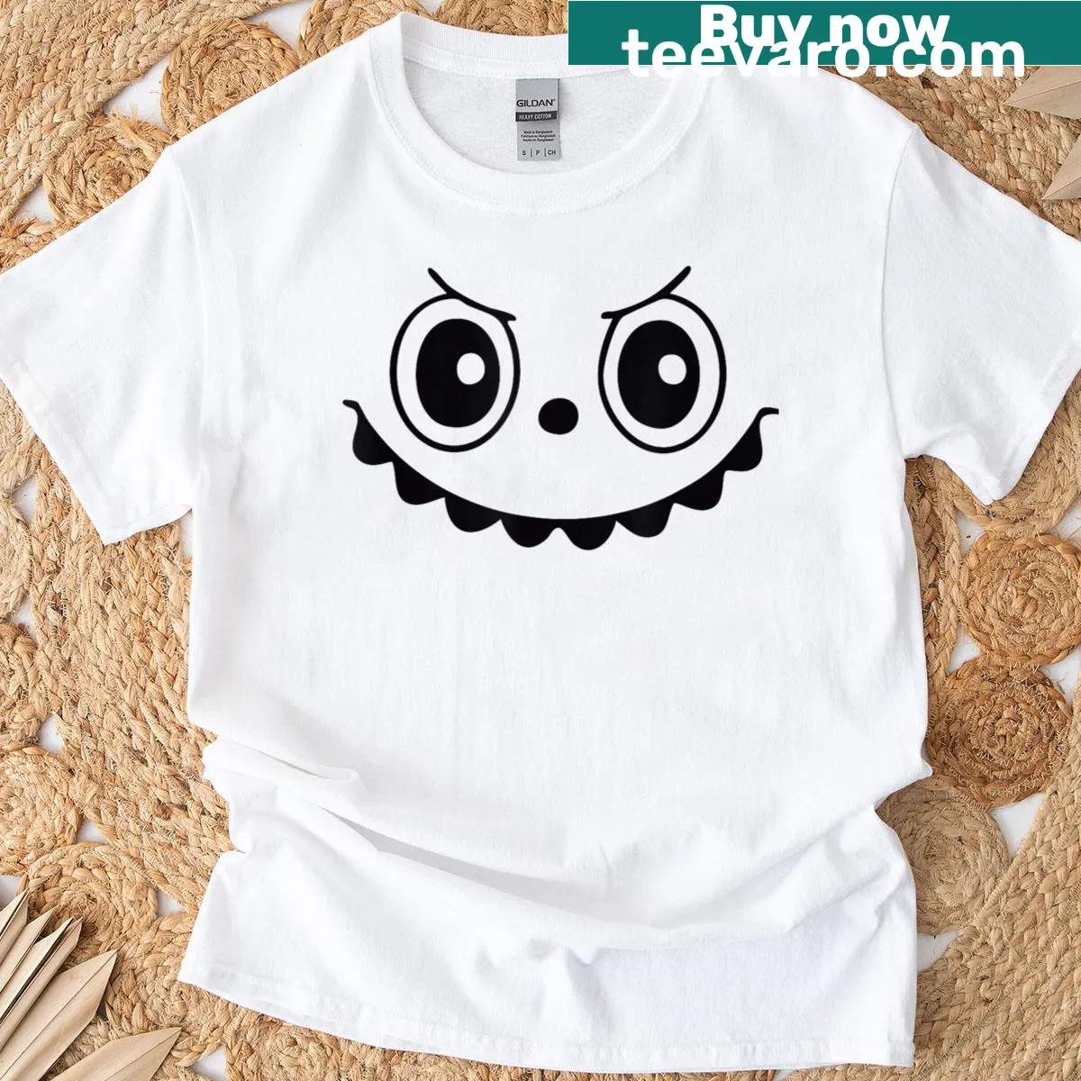 Cartoon pumpkin with doll features for a fun Halloween t-shirt — on a men's t-shirt