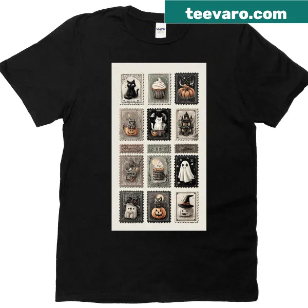 Shirt with Halloween-themed stamps design