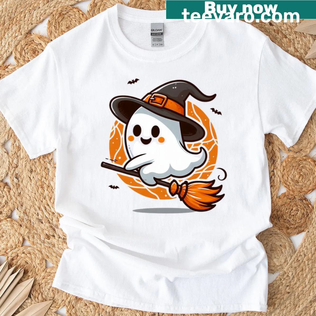 Whimsical witch and ghost design for Halloween celebrations — on a men's t-shirt