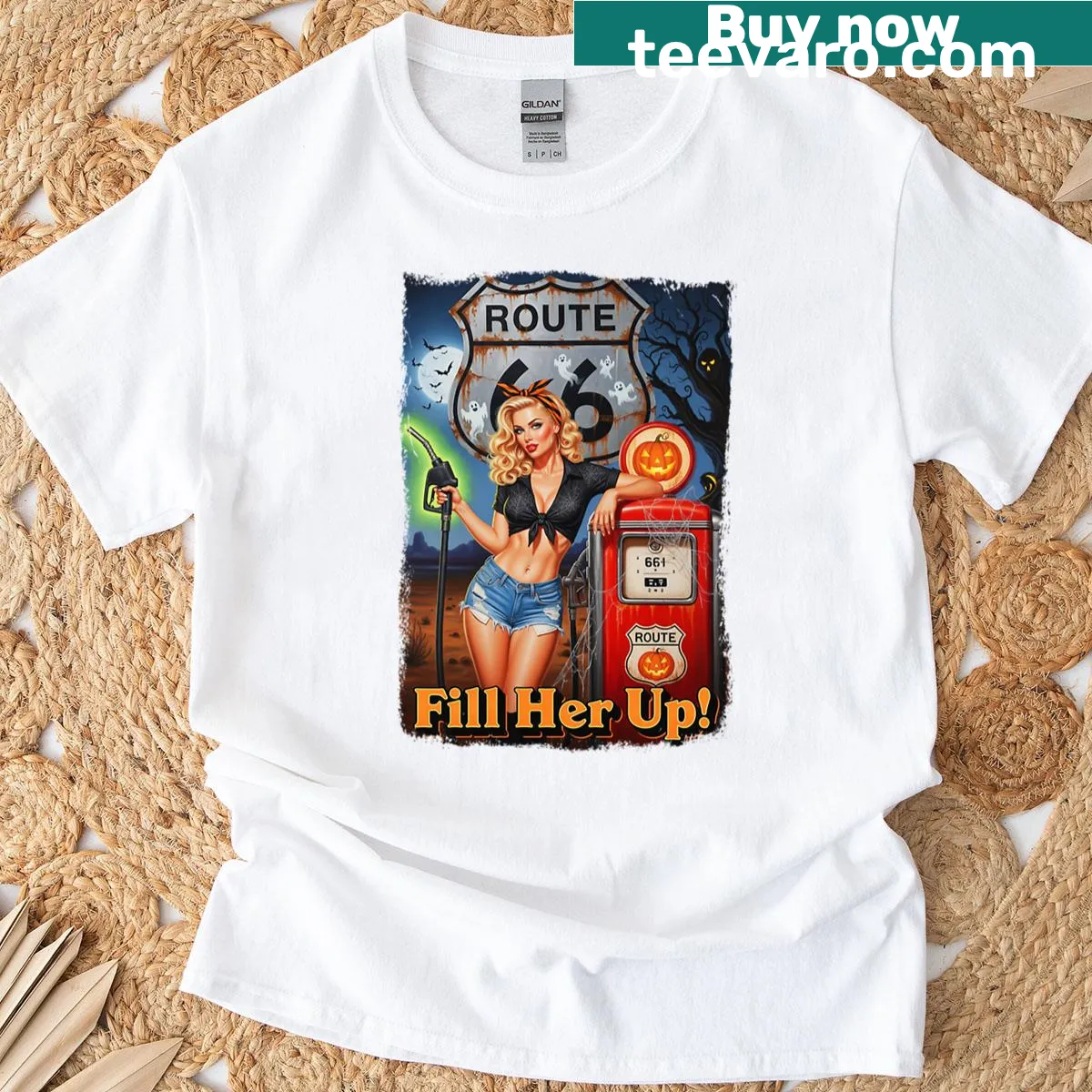 Vintage pin-up witch graphic with Route 66 elements — on a men's t-shirt