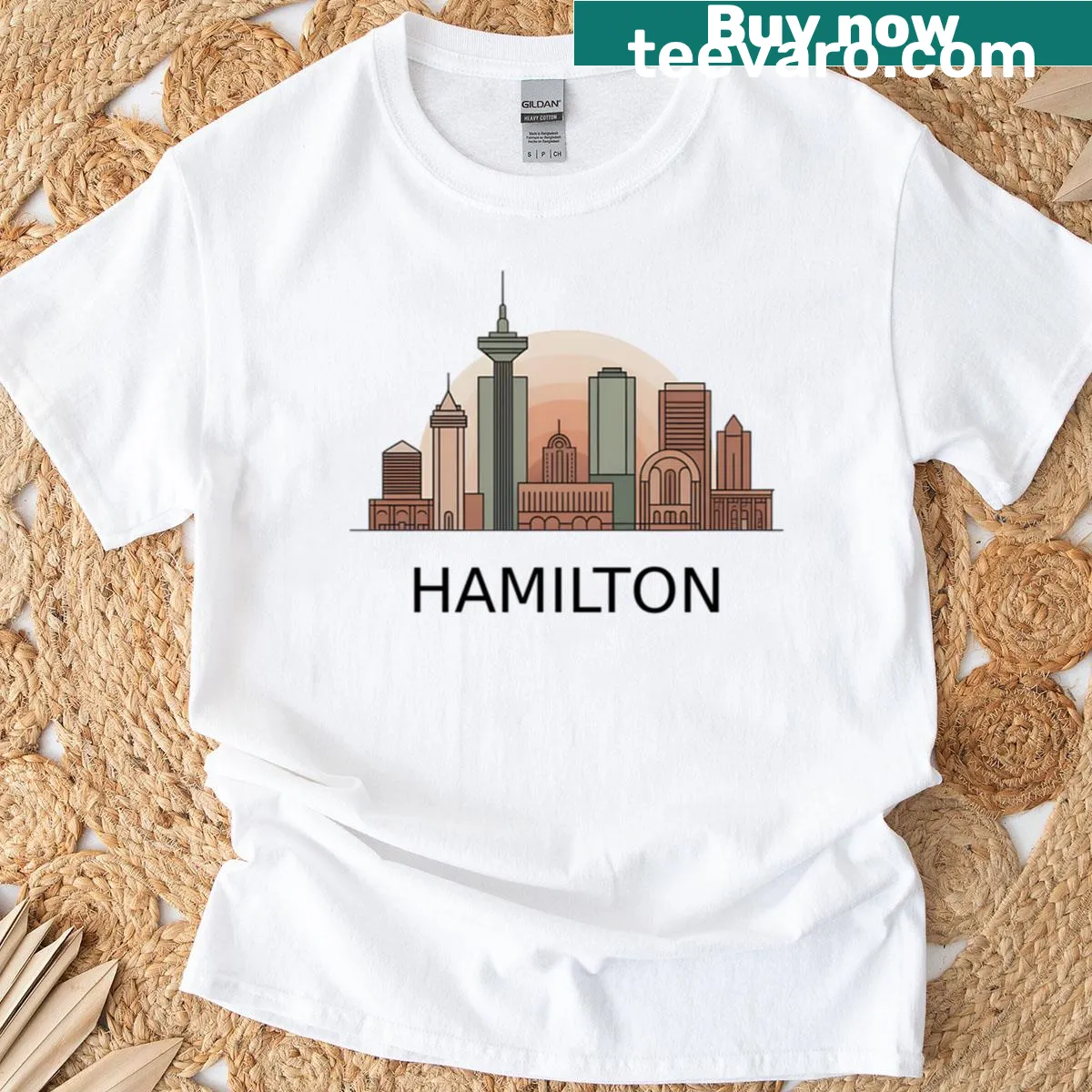 Minimalist silhouette of Hamilton skyline for travel lovers — on a men's t-shirt