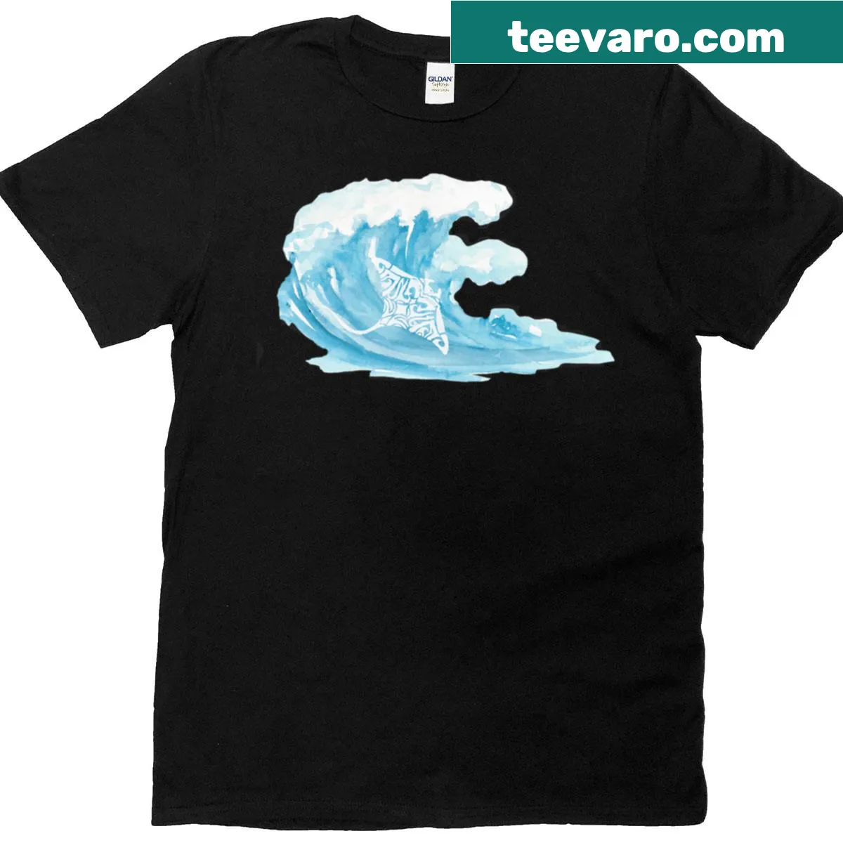 Watercolor stingray swimming through ocean waves on a T-shirt — on a men's t-shirt
