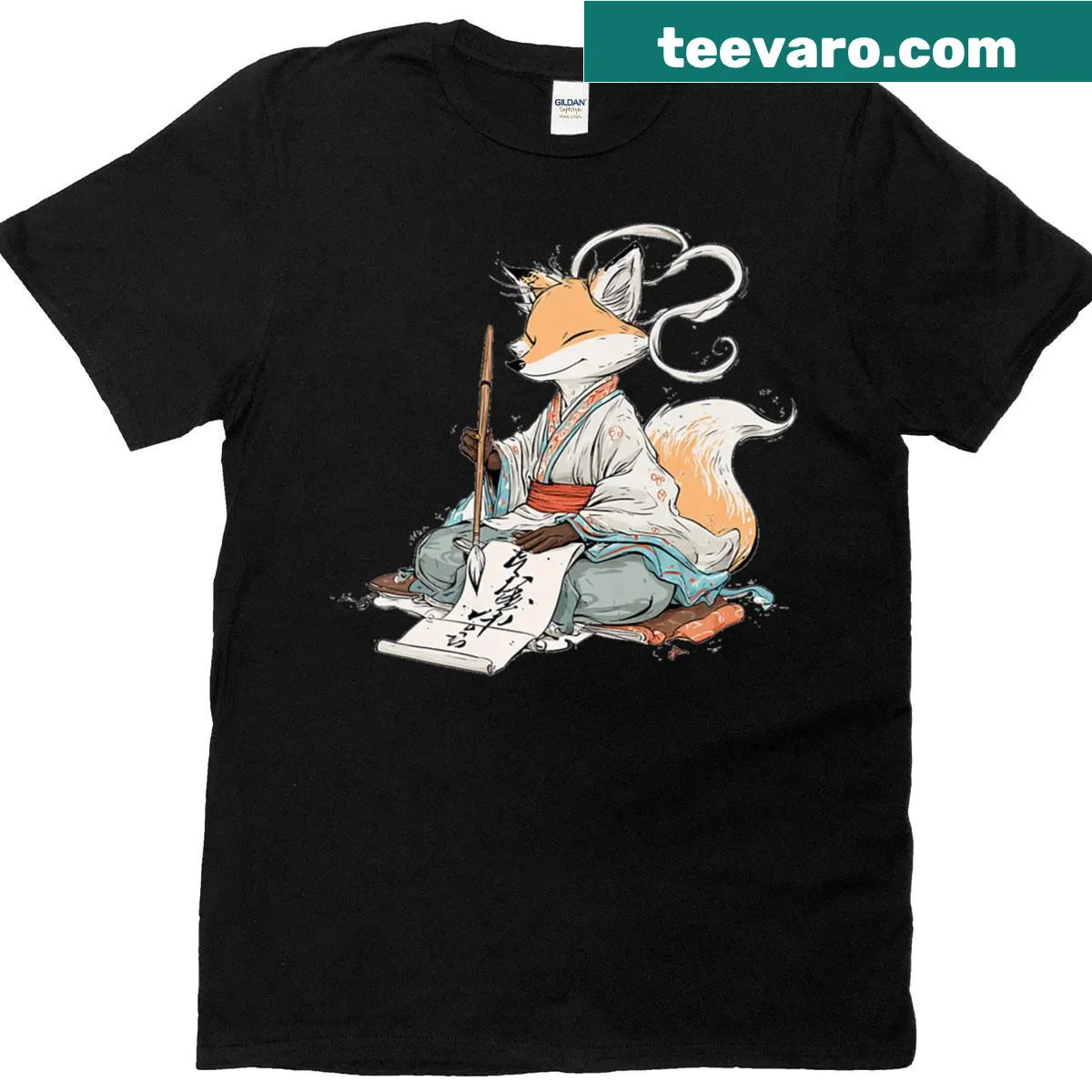 Kitsune graphic appealing to calligraphy lovers on a t-shirt — on a men's t-shirt